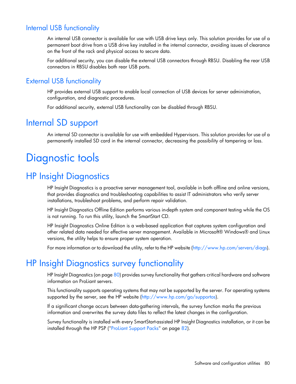 Internal usb functionality, External usb functionality, Internal sd support | Diagnostic tools, Hp insight diagnostics, Hp insight diagnostics survey functionality | HP ProLiant DL360 G6 Server User Manual | Page 80 / 127