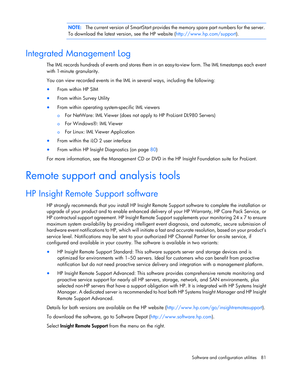 Integrated management log, Remote support and analysis tools, Hp insight remote support software | HP ProLiant DL360 G6 Server User Manual | Page 81 / 127