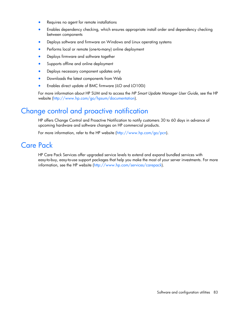 Change control and proactive notification, Care pack | HP ProLiant DL360 G6 Server User Manual | Page 83 / 127