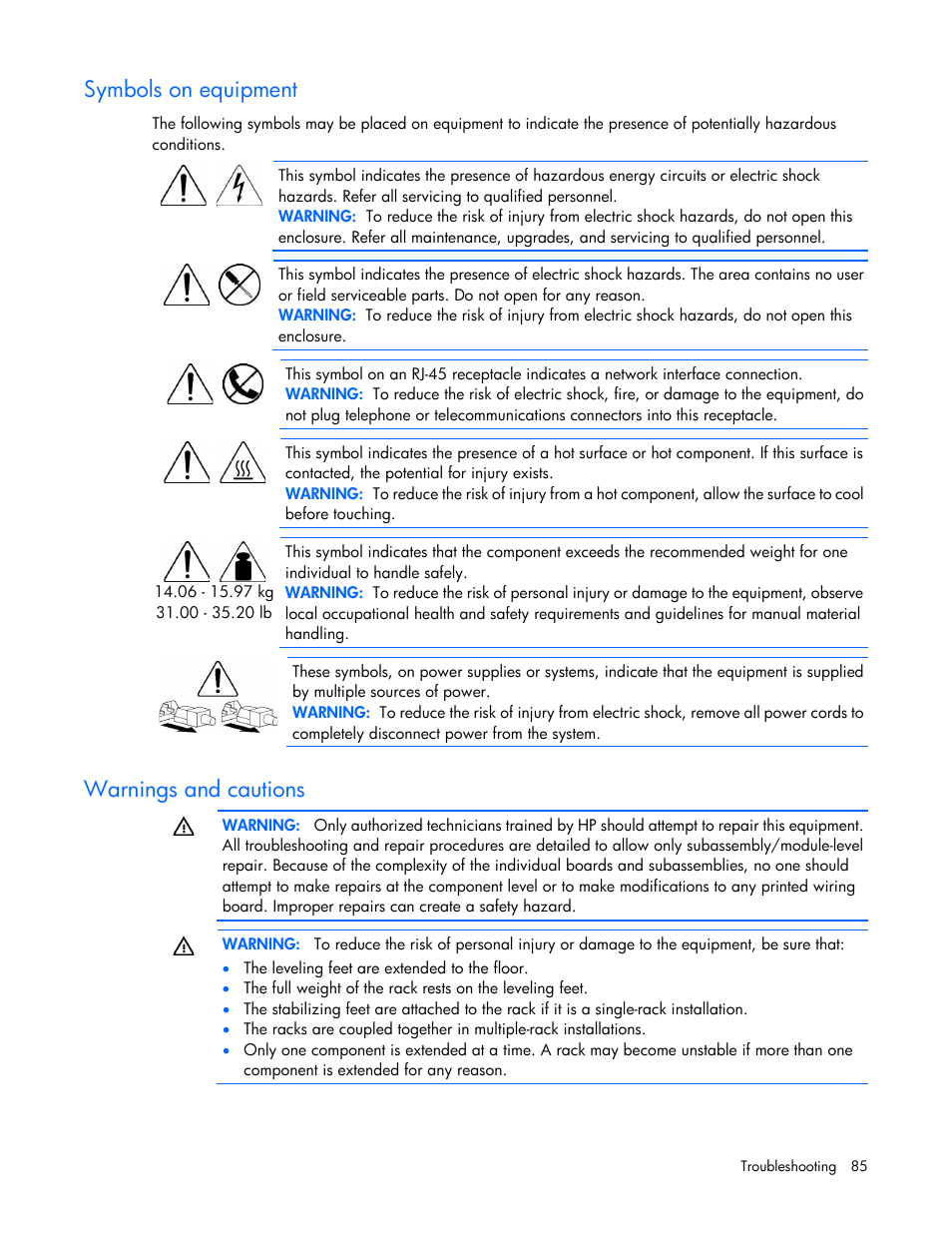 Symbols on equipment, Warnings and cautions | HP ProLiant DL360 G6 Server User Manual | Page 85 / 127