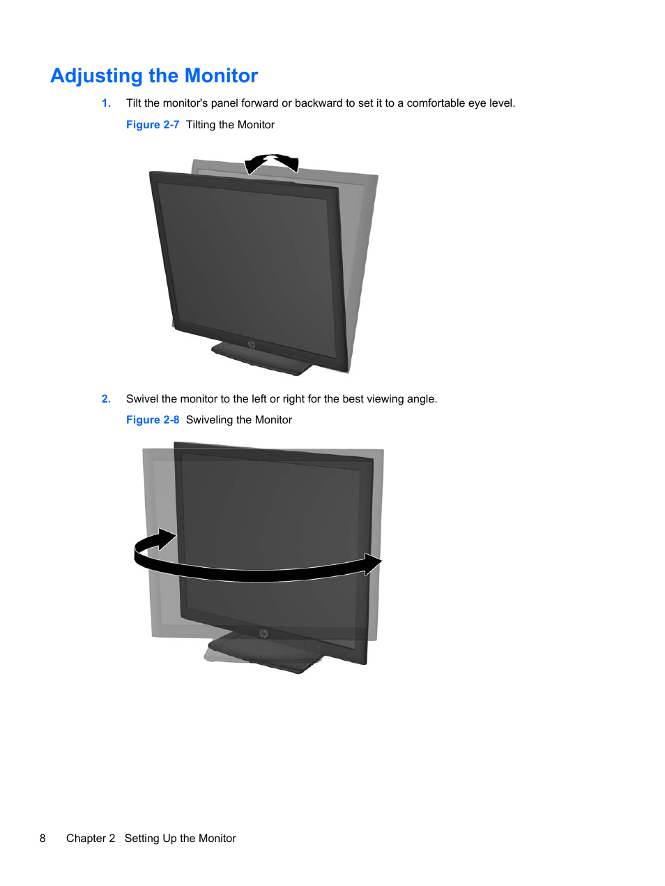 Adjusting the monitor, Adjusting the | HP ZR2330w 23-inch IPS LED Backlit Monitor User Manual | Page 14 / 26