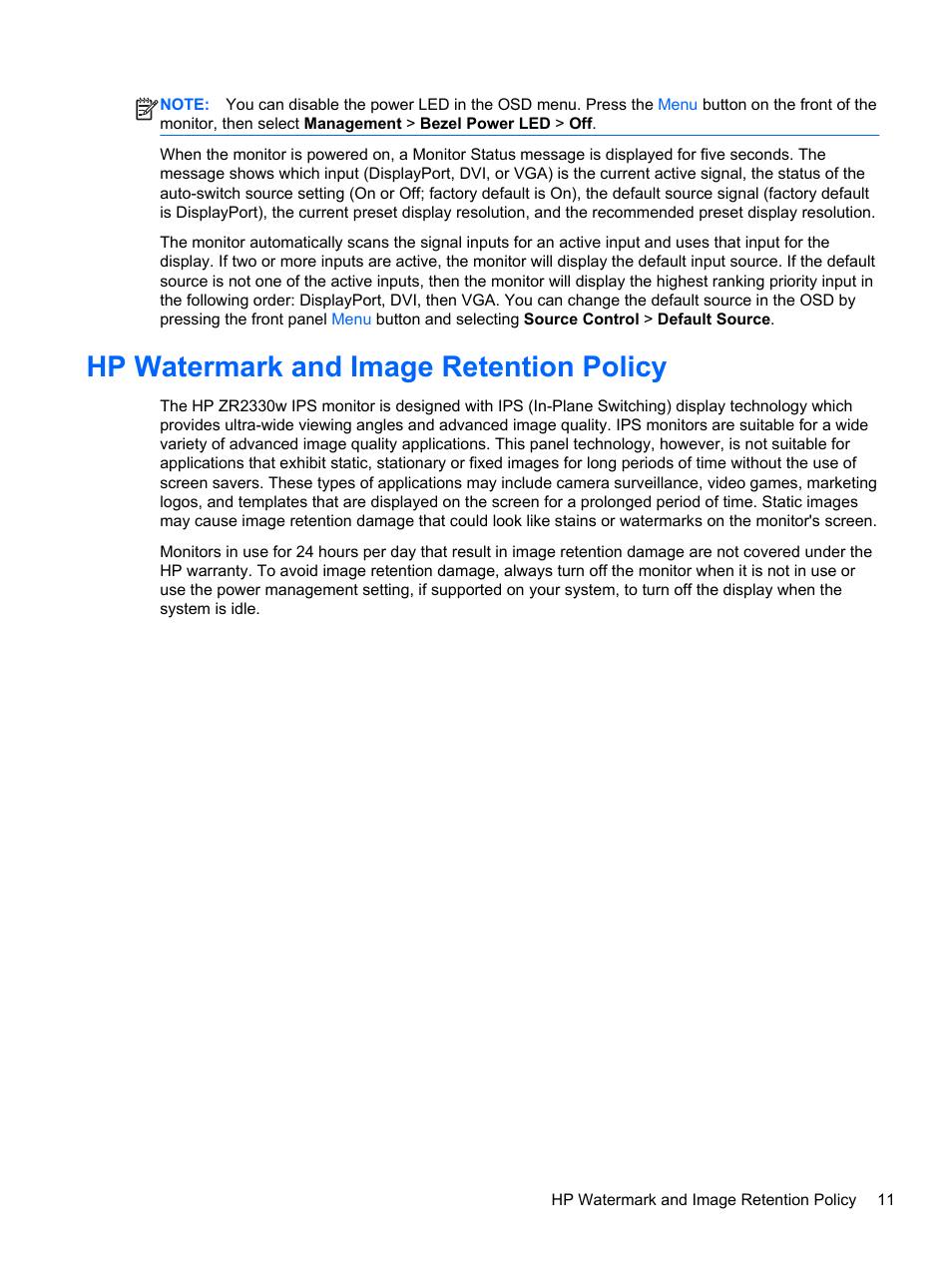 Hp watermark and image retention policy | HP ZR2330w 23-inch IPS LED Backlit Monitor User Manual | Page 17 / 26