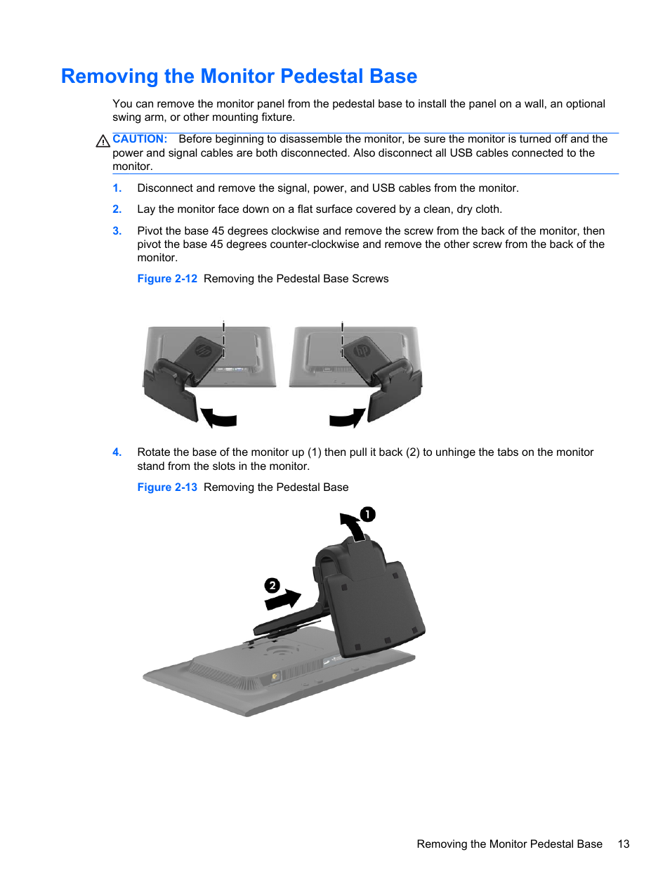 Removing the monitor pedestal base | HP ZR2330w 23-inch IPS LED Backlit Monitor User Manual | Page 19 / 26