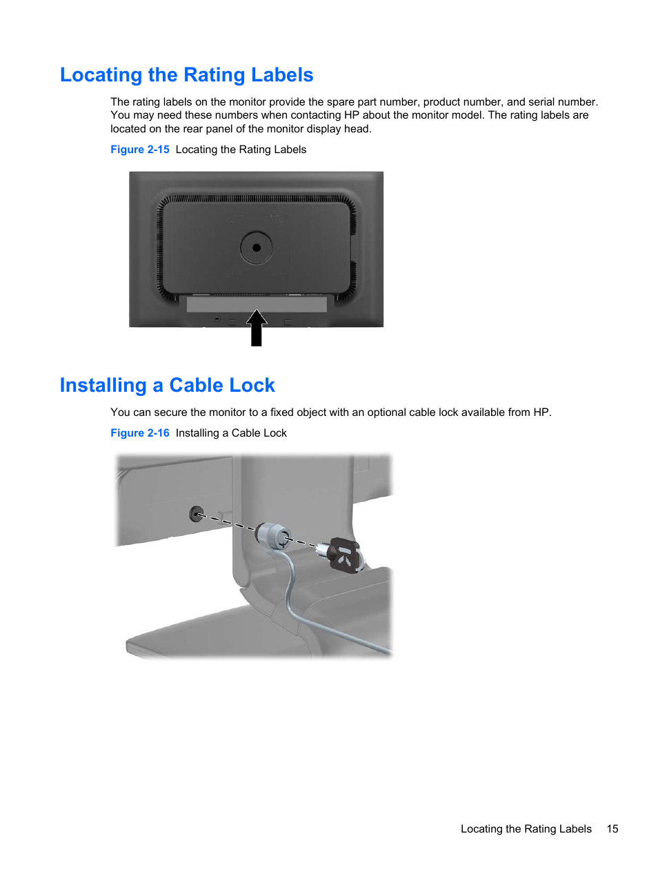 Locating the rating labels, Installing a cable lock, Locating the rating labels installing a cable lock | HP ZR2330w 23-inch IPS LED Backlit Monitor User Manual | Page 21 / 26