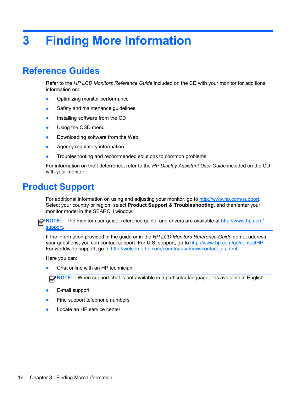 Finding more information, Reference guides, Product support | 3 finding more information, Reference guides product support, 3finding more information | HP ZR2330w 23-inch IPS LED Backlit Monitor User Manual | Page 22 / 26
