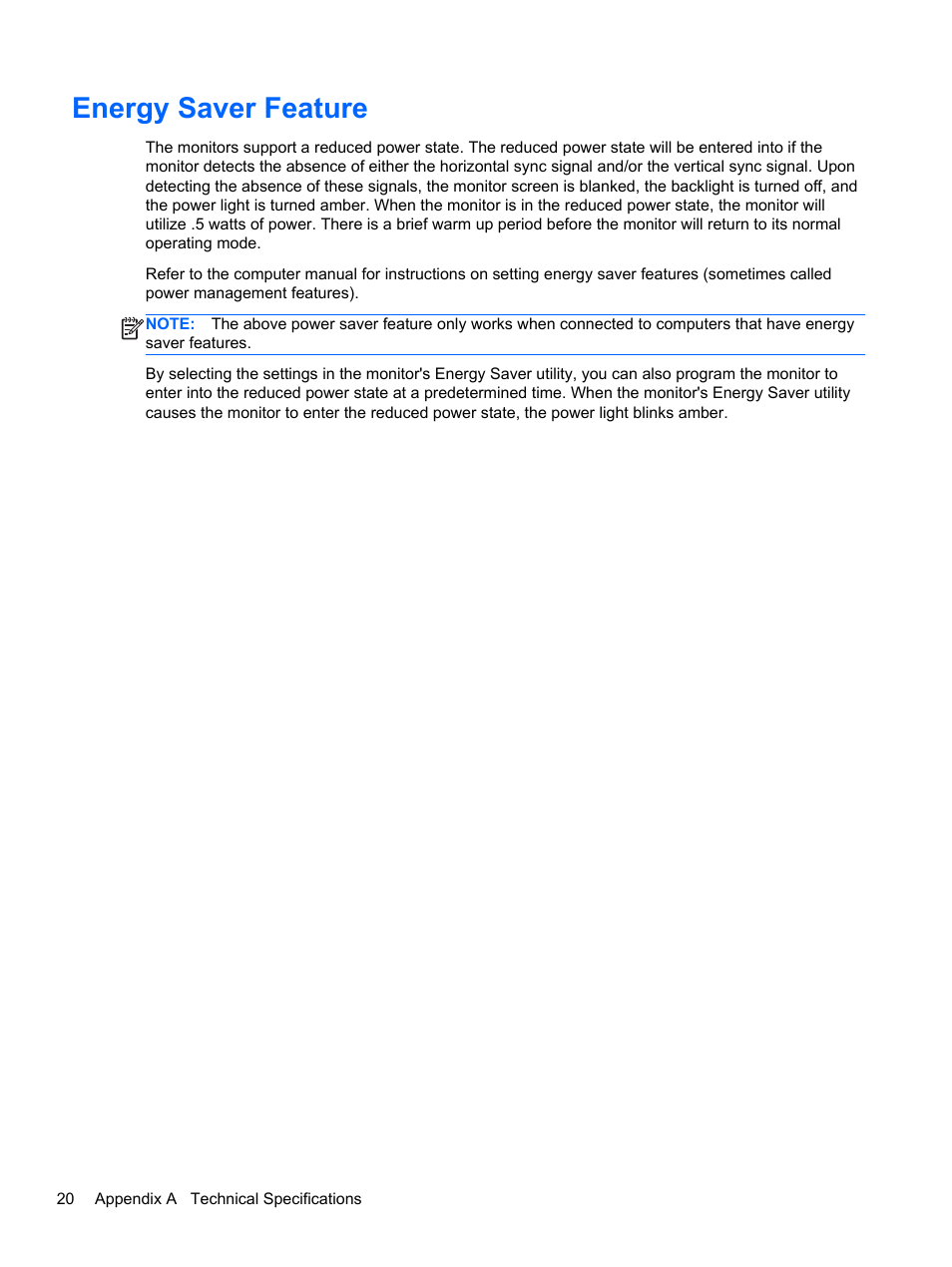 Energy saver feature | HP ZR2330w 23-inch IPS LED Backlit Monitor User Manual | Page 26 / 26