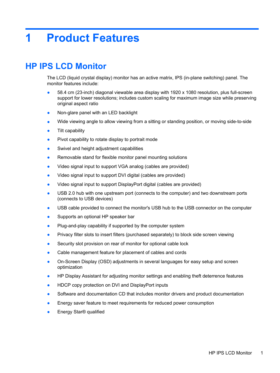 Product features, Hp ips lcd monitor, 1 product features | 1product features | HP ZR2330w 23-inch IPS LED Backlit Monitor User Manual | Page 7 / 26