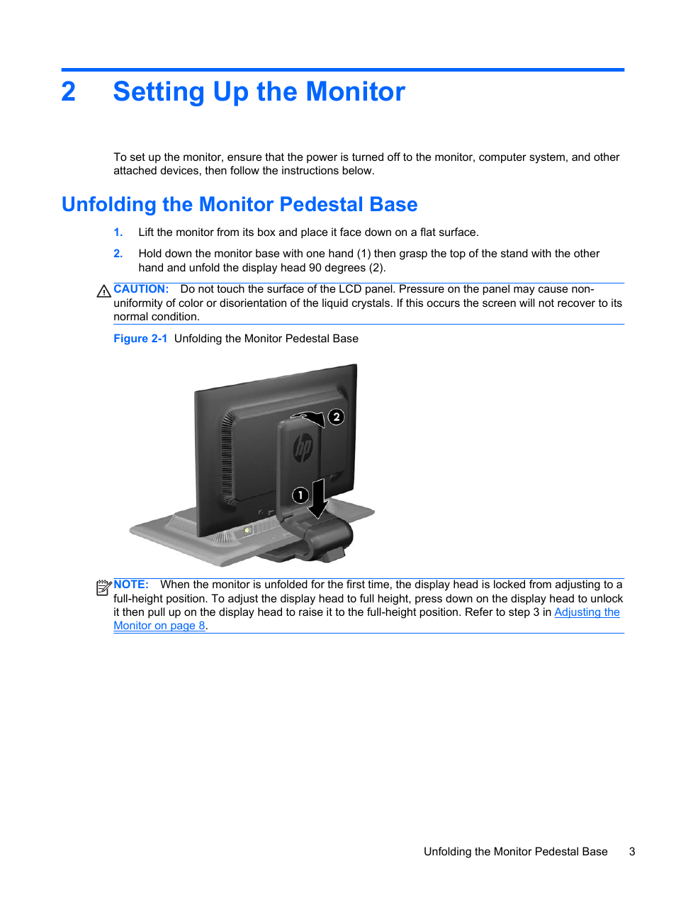 Setting up the monitor, Unfolding the monitor pedestal base, 2 setting up the monitor | 2setting up the monitor | HP ZR2330w 23-inch IPS LED Backlit Monitor User Manual | Page 9 / 26