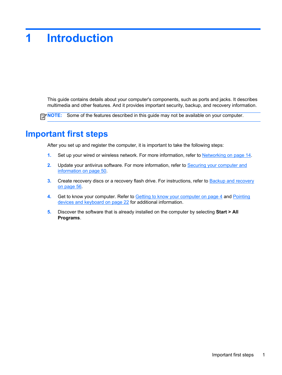 Introduction, Important first steps, 1 introduction | 1introduction | HP Folio 13-2000 Notebook-PC User Manual | Page 11 / 91