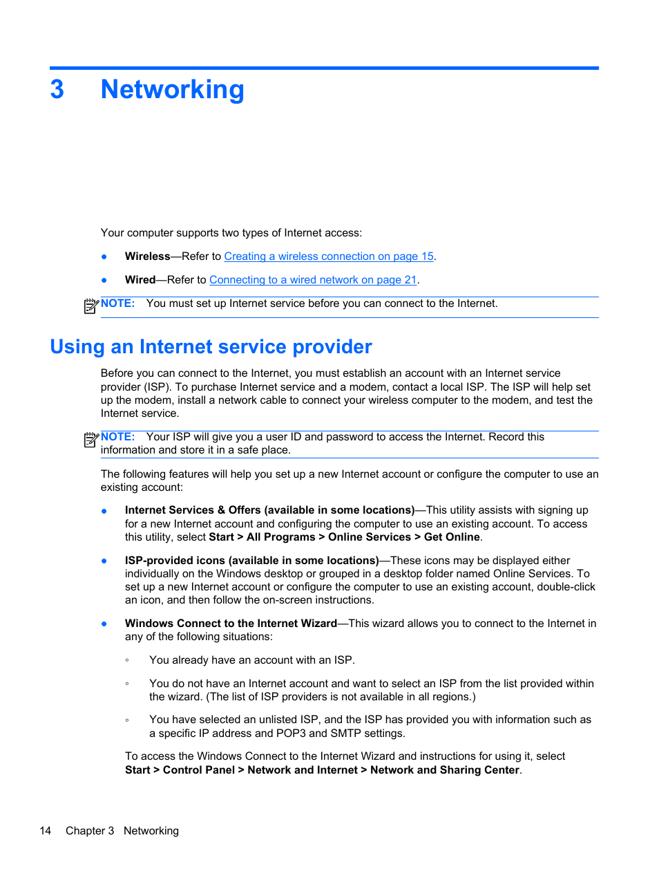 Networking, Using an internet service provider, 3 networking | 3networking | HP Folio 13-2000 Notebook-PC User Manual | Page 24 / 91