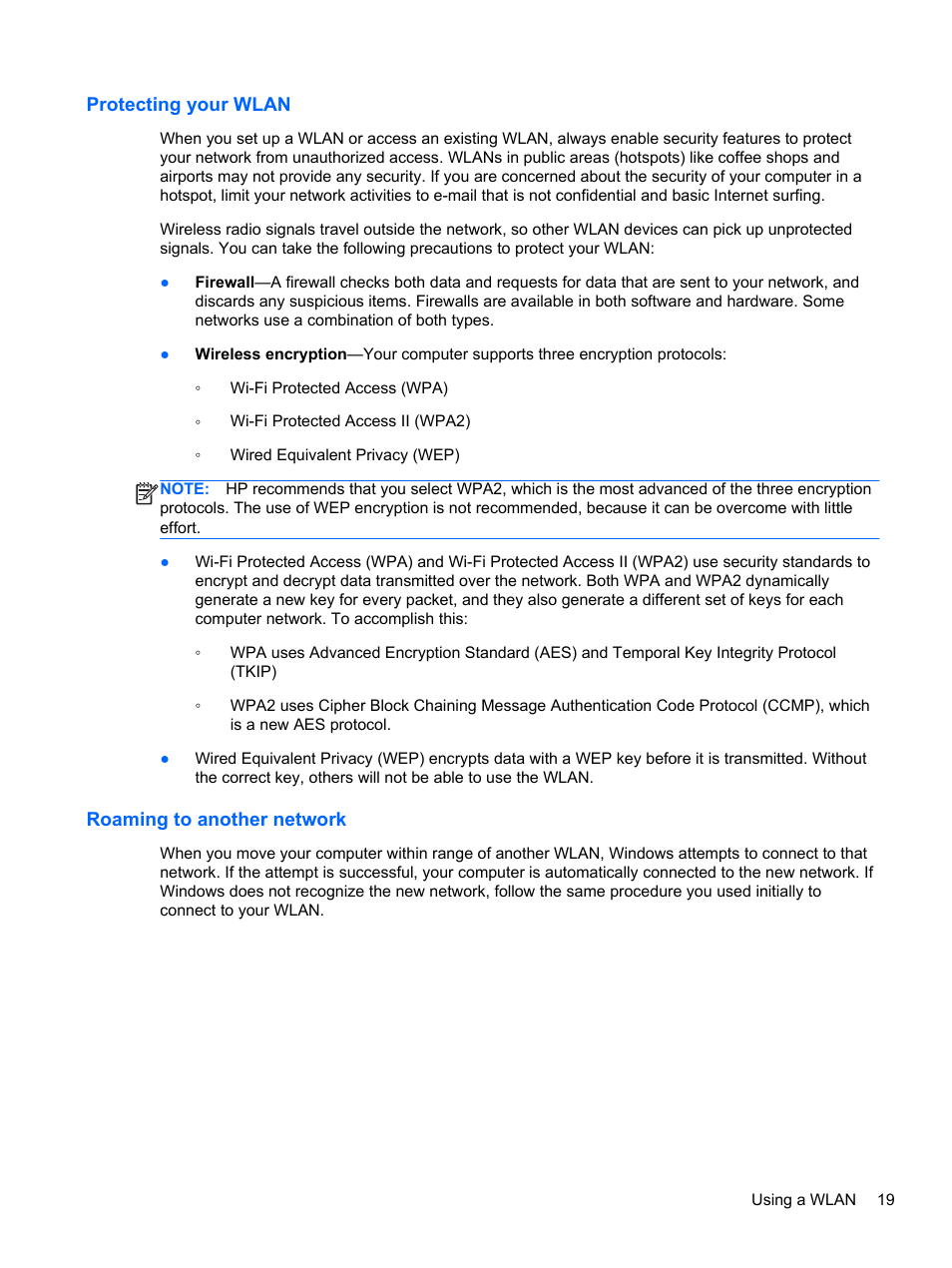 Protecting your wlan, Roaming to another network, Protecting your wlan roaming to another network | HP Folio 13-2000 Notebook-PC User Manual | Page 29 / 91