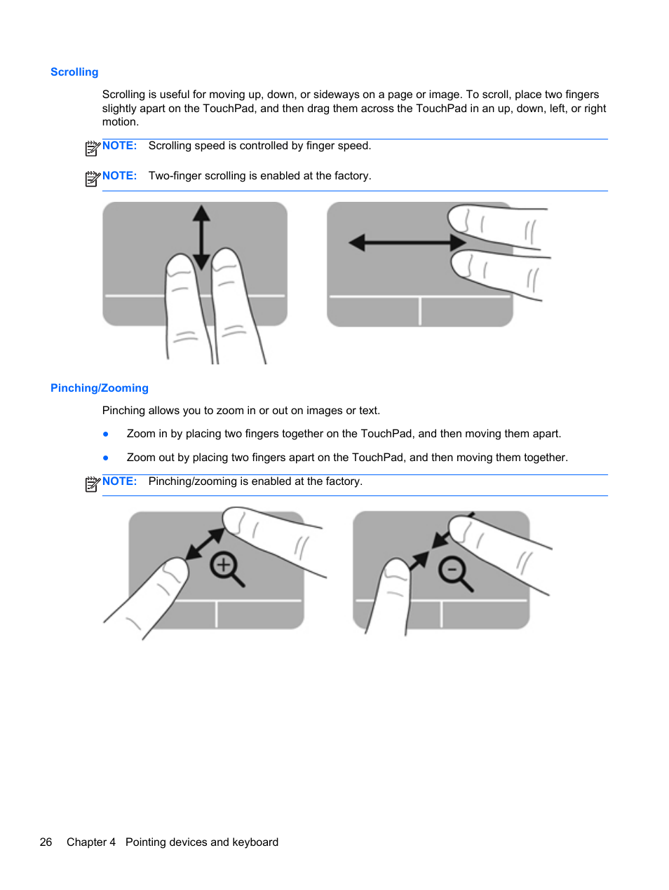 Scrolling, Pinching/zooming, Scrolling pinching/zooming | HP Folio 13-2000 Notebook-PC User Manual | Page 36 / 91