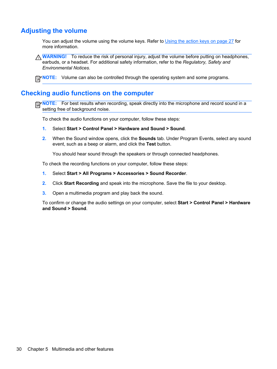 Adjusting the volume, Checking audio functions on the computer | HP Folio 13-2000 Notebook-PC User Manual | Page 40 / 91