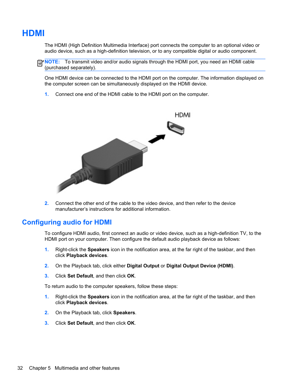 Hdmi, Configuring audio for hdmi | HP Folio 13-2000 Notebook-PC User Manual | Page 42 / 91
