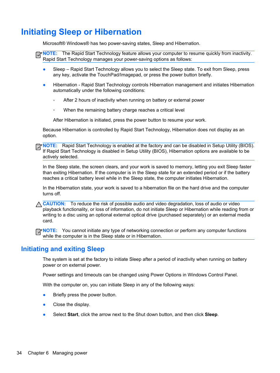 Initiating sleep or hibernation, Initiating and exiting sleep | HP Folio 13-2000 Notebook-PC User Manual | Page 44 / 91