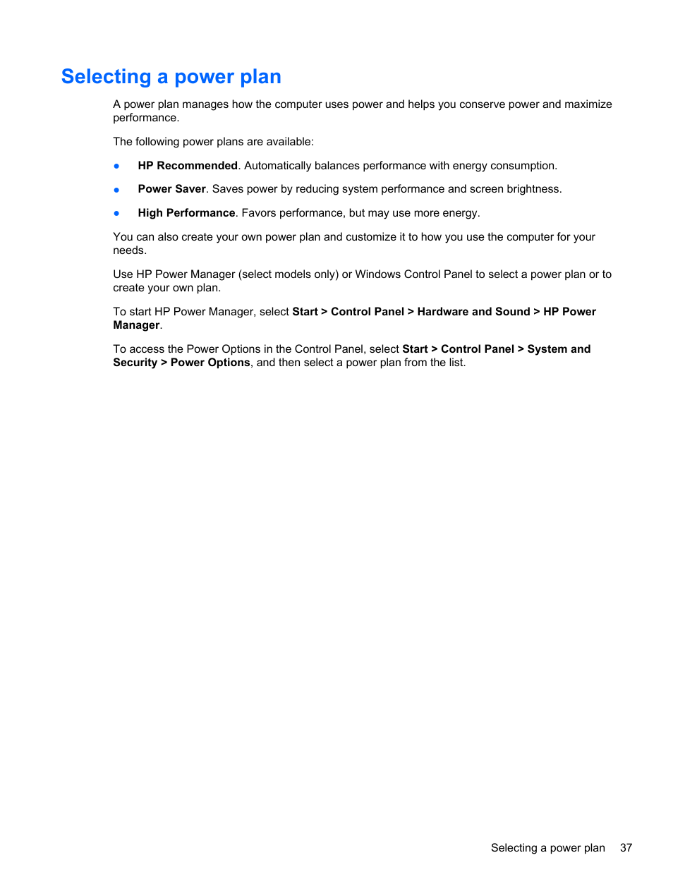 Selecting a power plan | HP Folio 13-2000 Notebook-PC User Manual | Page 47 / 91