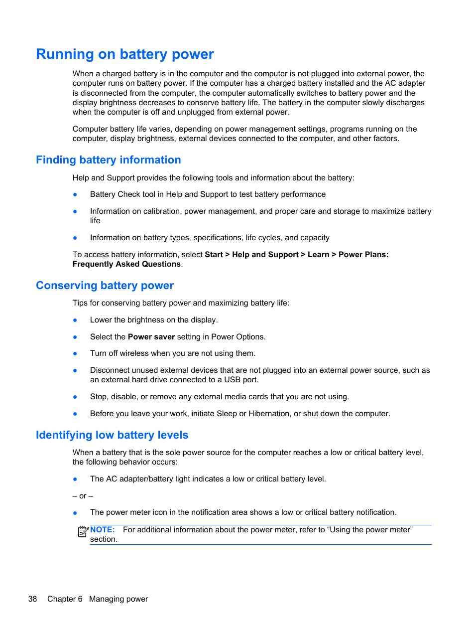 Running on battery power, Finding battery information, Conserving battery power | Identifying low battery levels | HP Folio 13-2000 Notebook-PC User Manual | Page 48 / 91