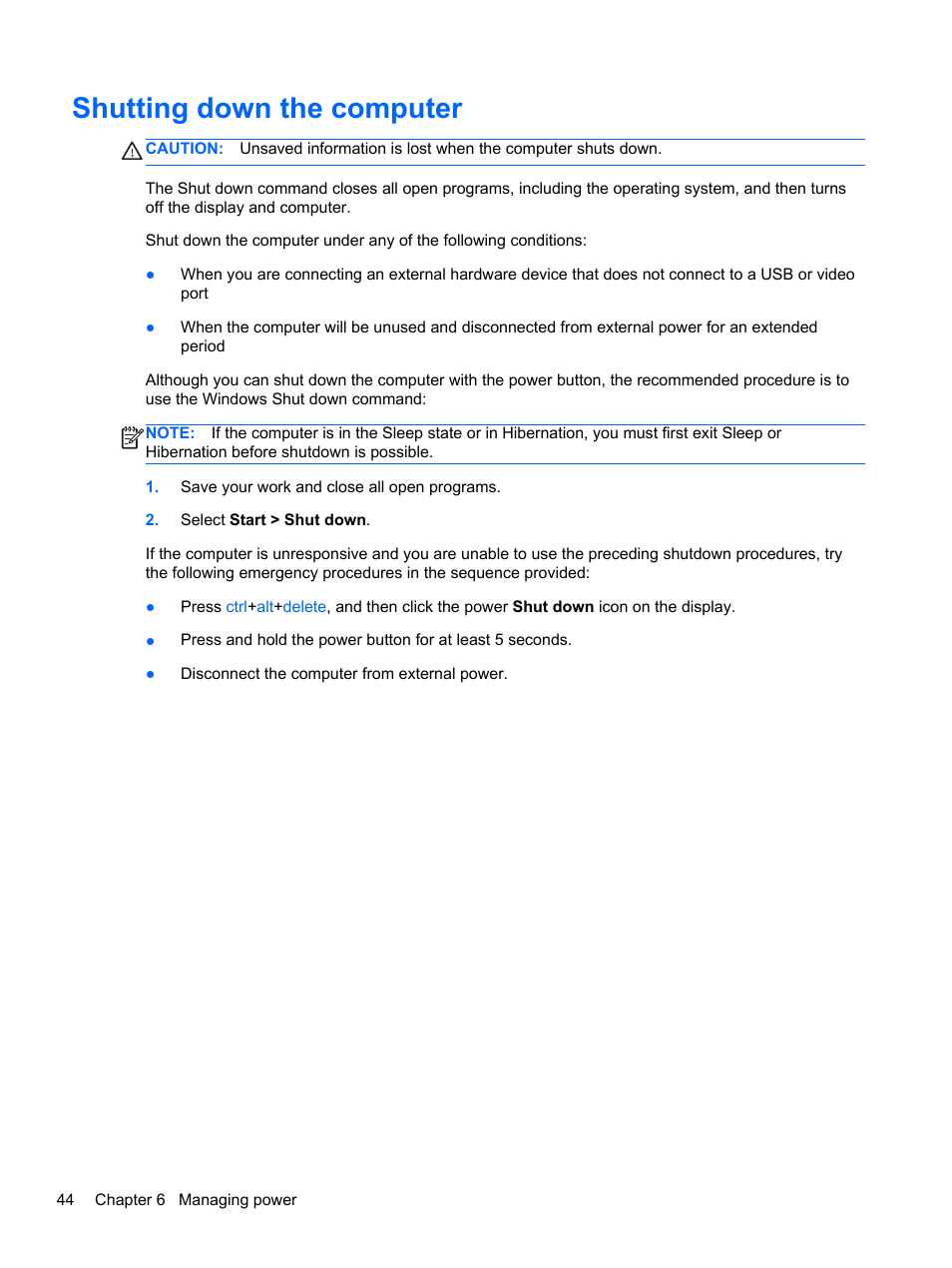 Shutting down the computer | HP Folio 13-2000 Notebook-PC User Manual | Page 54 / 91