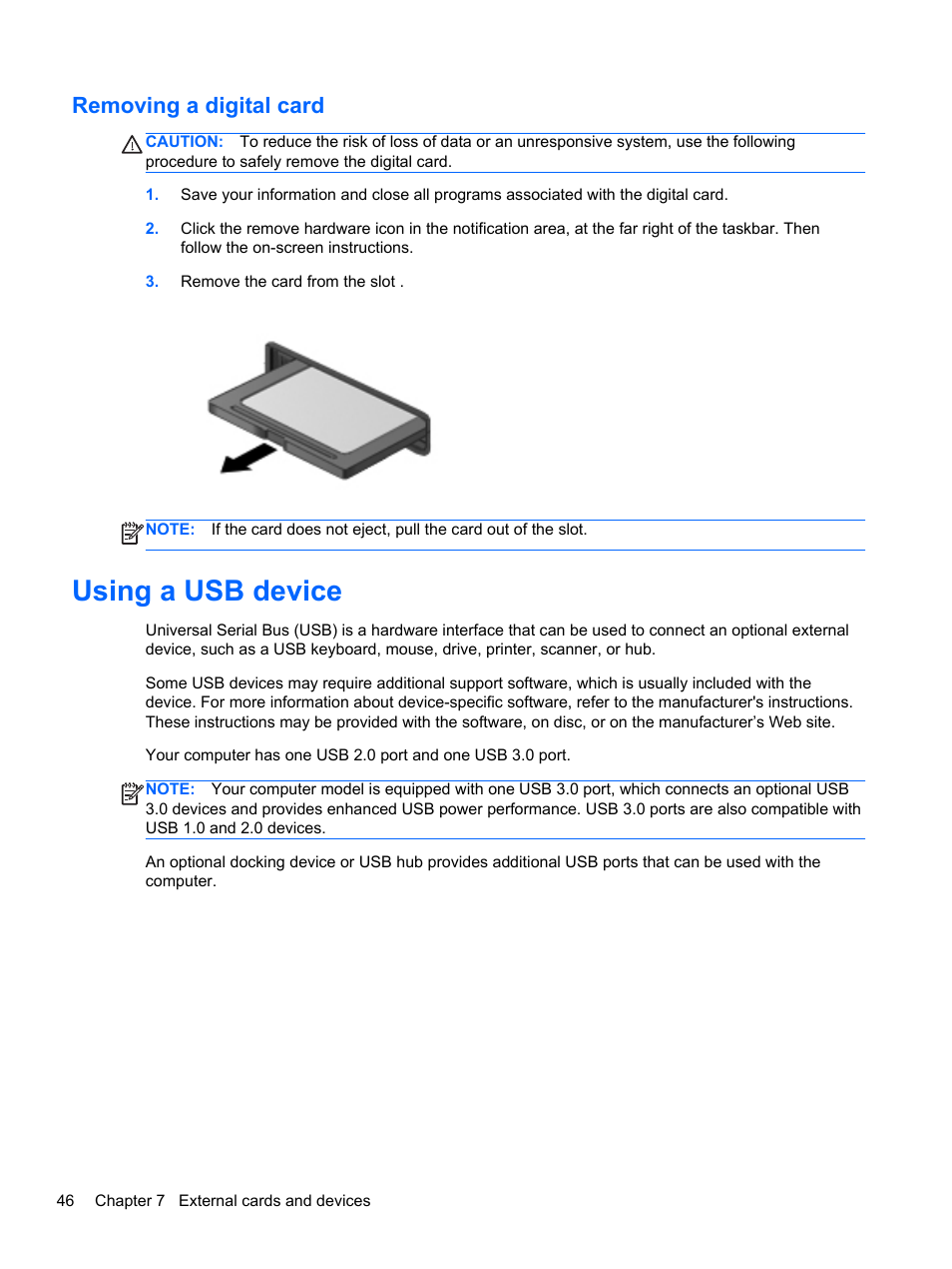 Removing a digital card, Using a usb device | HP Folio 13-2000 Notebook-PC User Manual | Page 56 / 91
