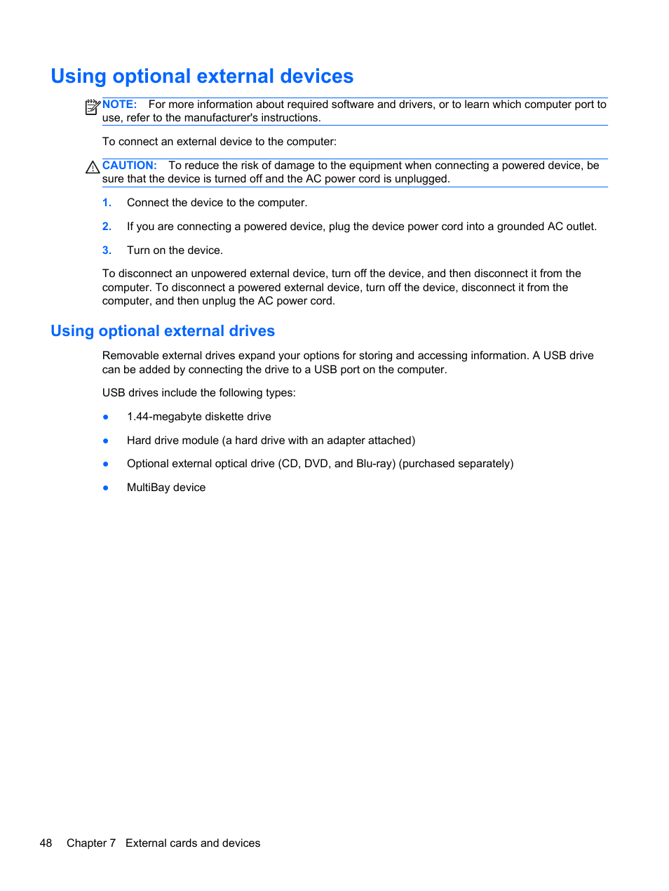 Using optional external devices, Using optional external drives | HP Folio 13-2000 Notebook-PC User Manual | Page 58 / 91