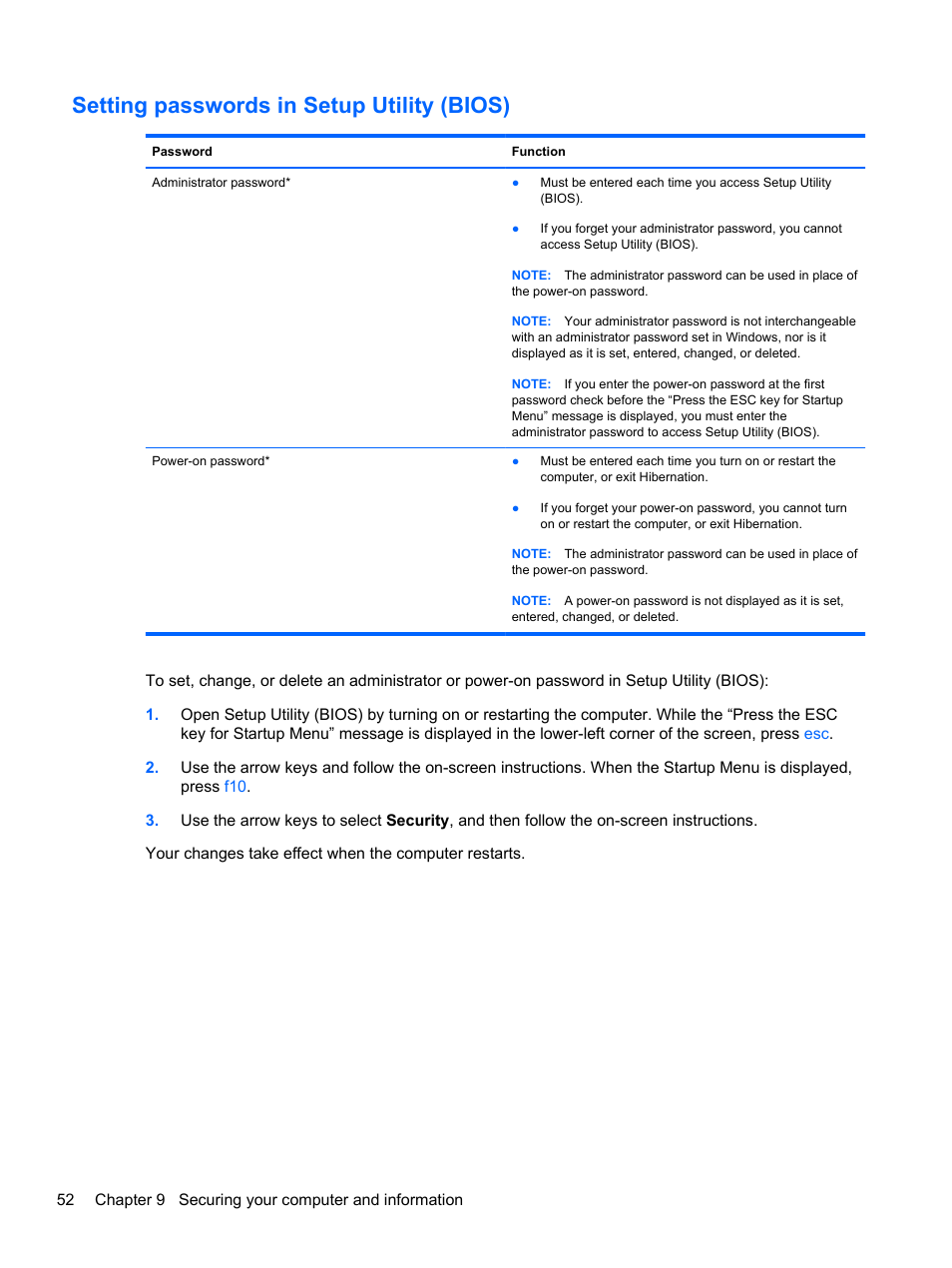 Setting passwords in setup utility (bios) | HP Folio 13-2000 Notebook-PC User Manual | Page 62 / 91