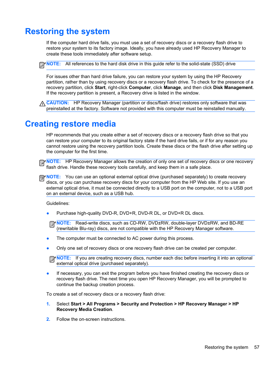 Restoring the system, Creating restore media, Restoring the system creating restore media | HP Folio 13-2000 Notebook-PC User Manual | Page 67 / 91