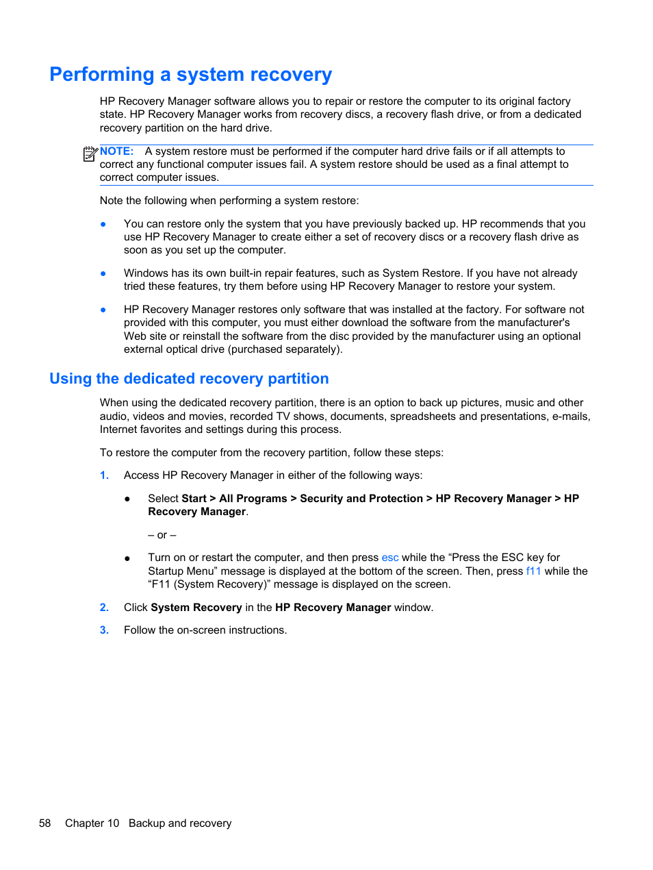 Performing a system recovery, Using the dedicated recovery partition | HP Folio 13-2000 Notebook-PC User Manual | Page 68 / 91