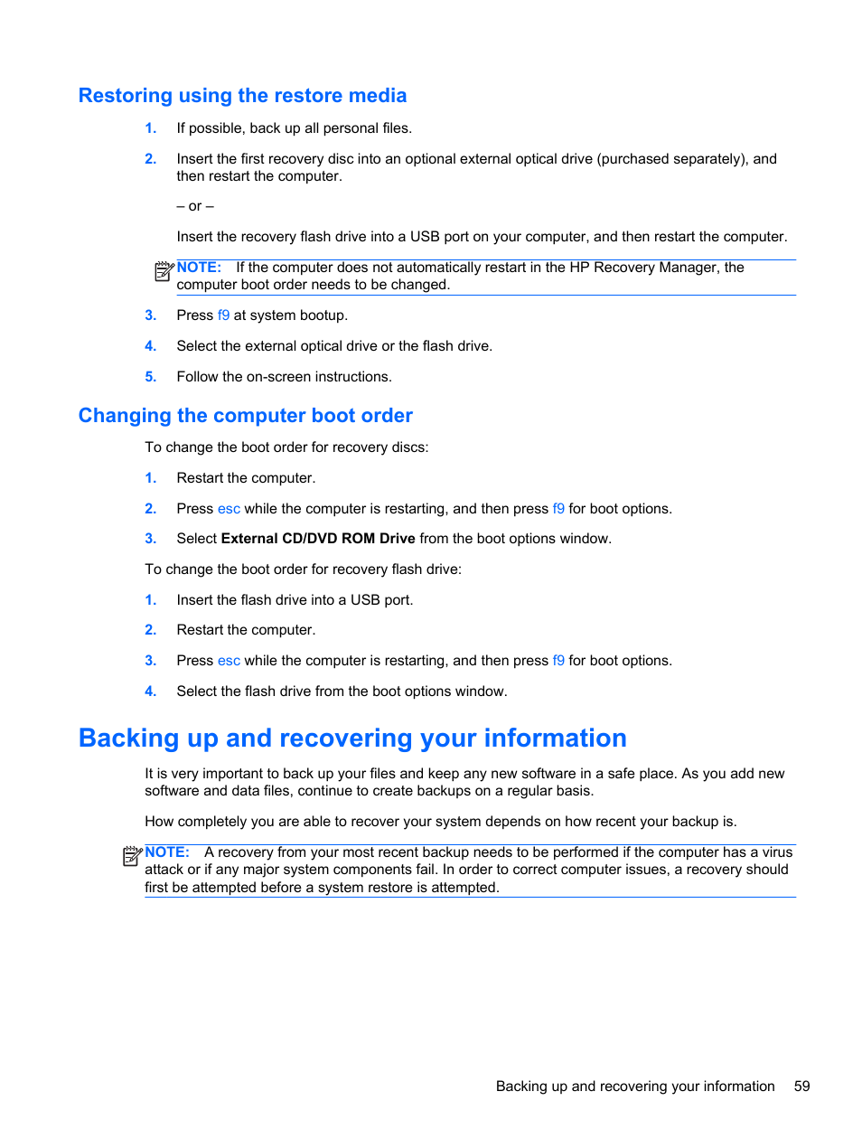 Restoring using the restore media, Changing the computer boot order, Backing up and recovering your information | HP Folio 13-2000 Notebook-PC User Manual | Page 69 / 91