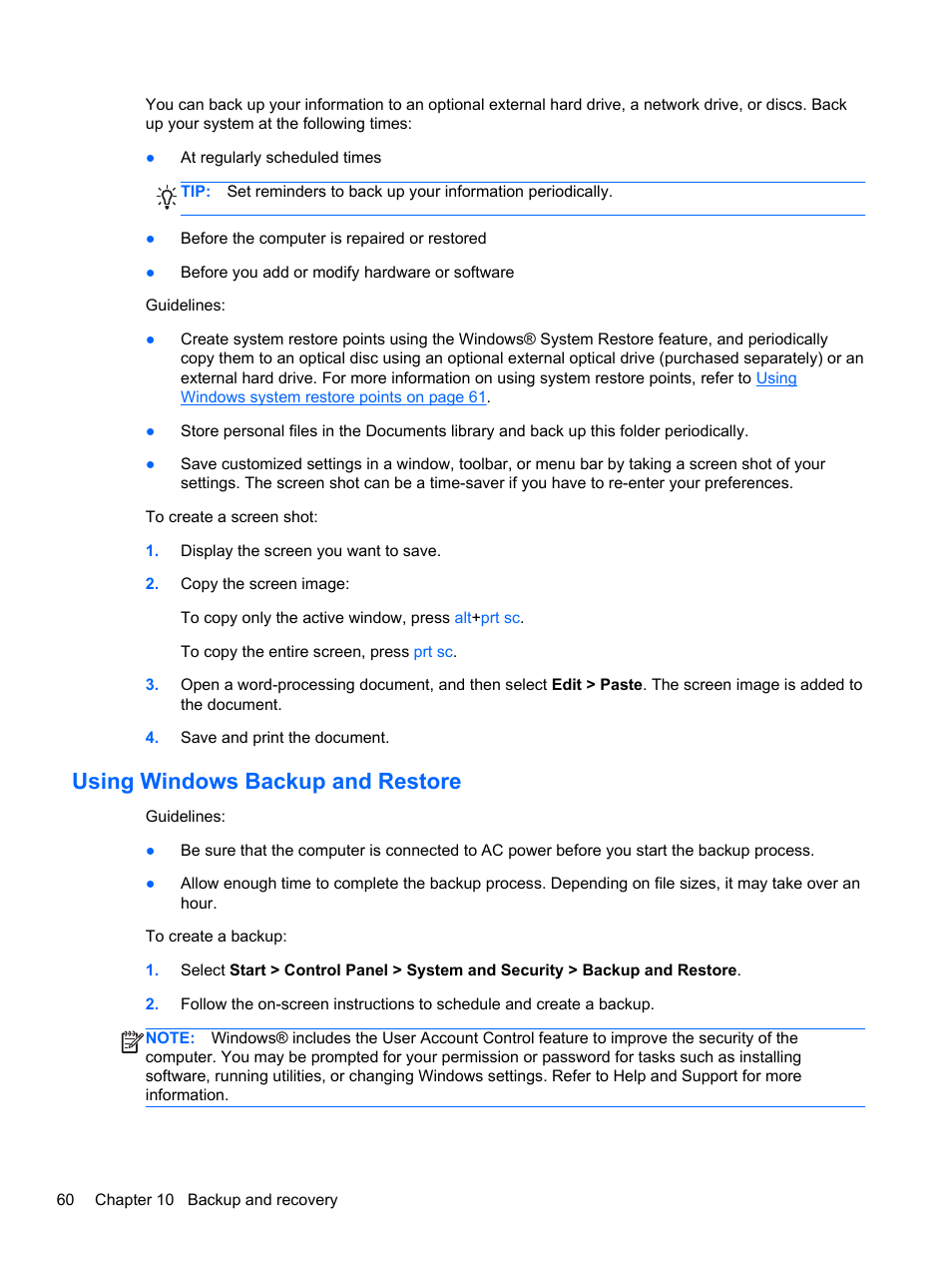 Using windows backup and restore | HP Folio 13-2000 Notebook-PC User Manual | Page 70 / 91