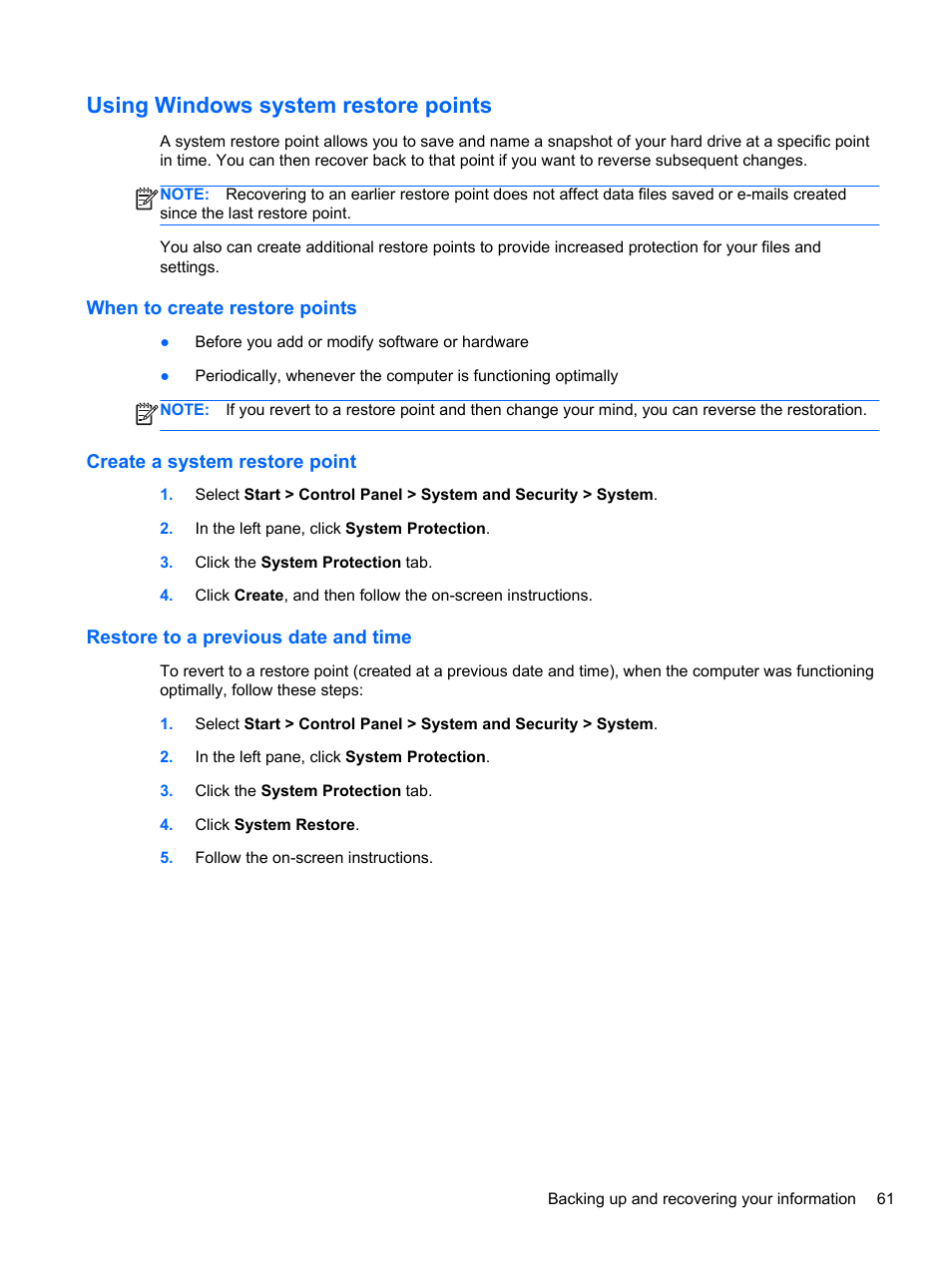 Using windows system restore points, When to create restore points, Create a system restore point | Restore to a previous date and time | HP Folio 13-2000 Notebook-PC User Manual | Page 71 / 91