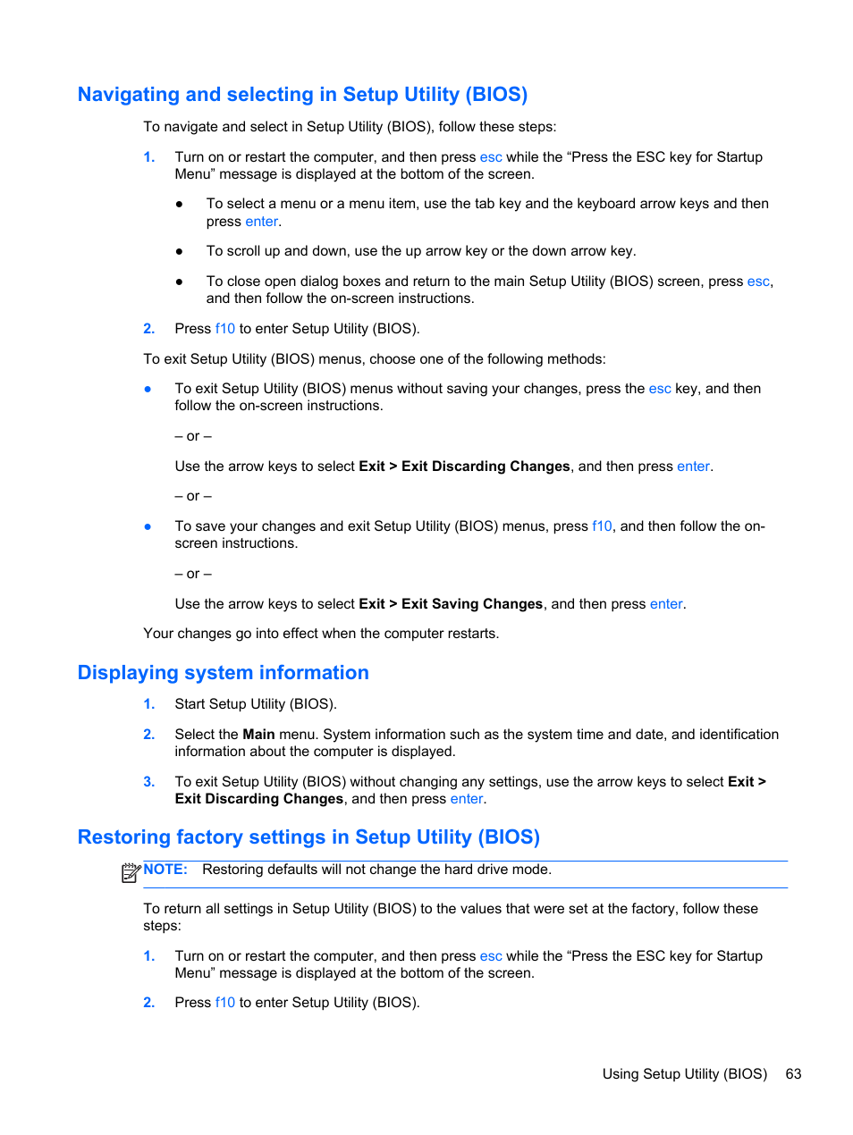 Navigating and selecting in setup utility (bios), Displaying system information, Restoring factory settings in setup utility (bios) | HP Folio 13-2000 Notebook-PC User Manual | Page 73 / 91