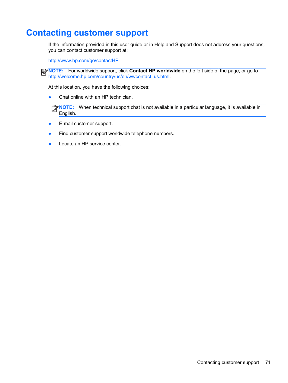 Contacting customer support | HP Folio 13-2000 Notebook-PC User Manual | Page 81 / 91