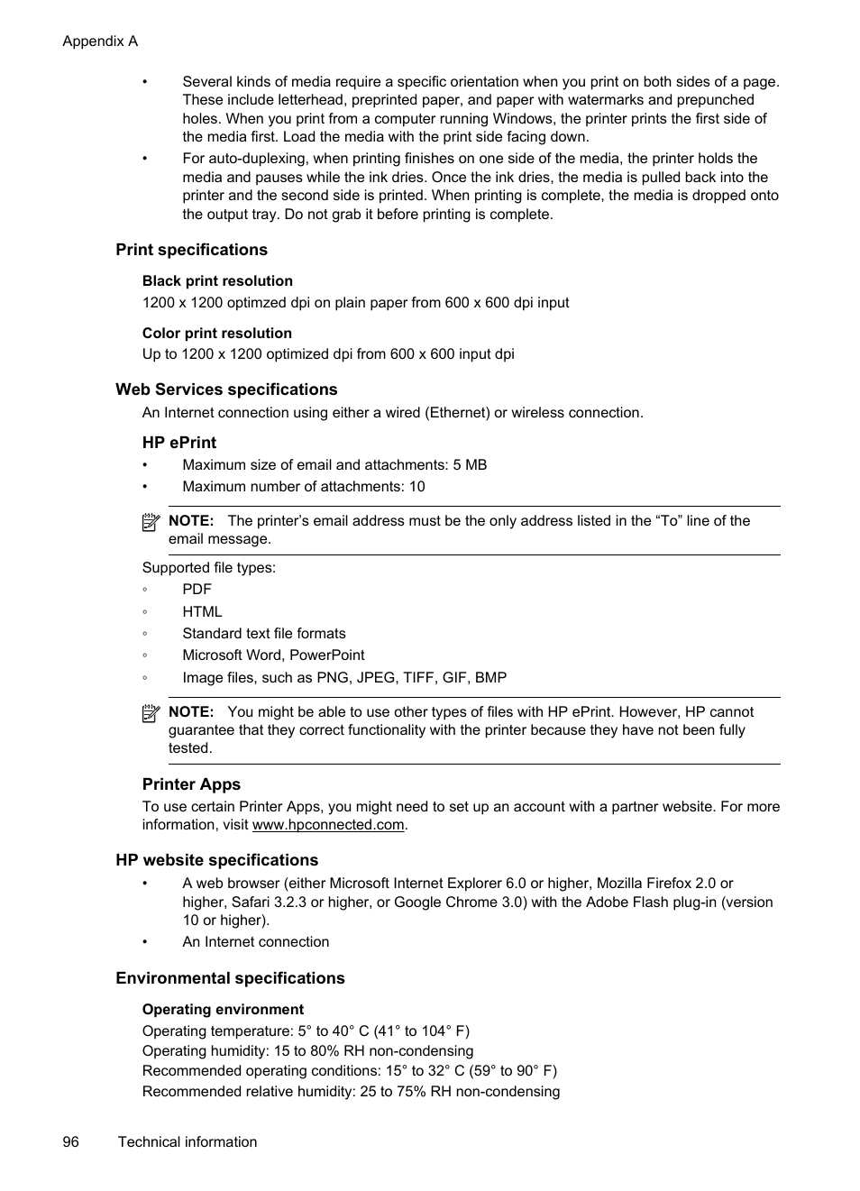 Print specifications, Web services specifications, Hp eprint | Printer apps, Hp website specifications, Environmental specifications, See web services specifications | HP Officejet Pro 251dw Printer series User Manual | Page 100 / 150