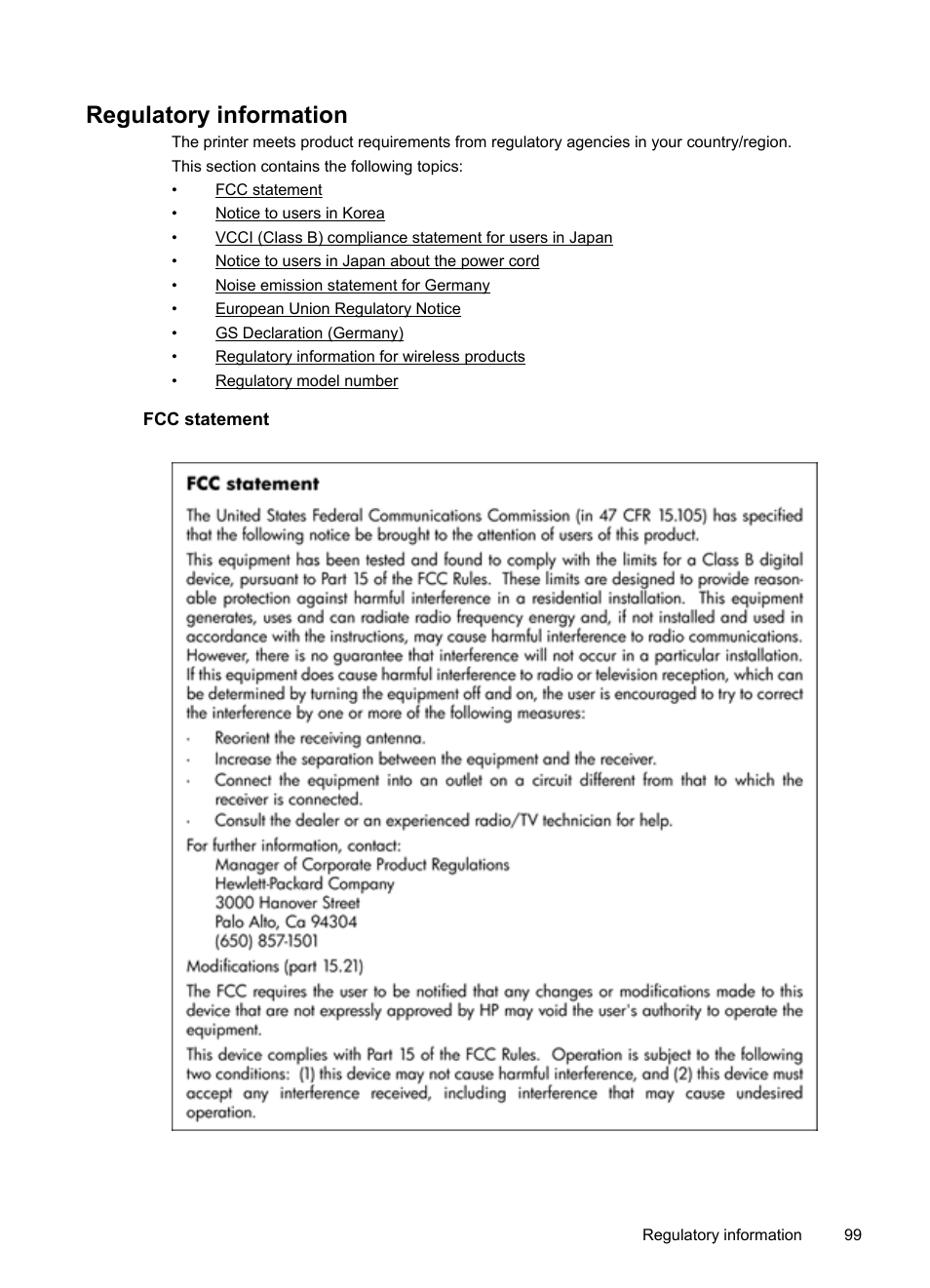 Regulatory information, Fcc statement, Regulatory model number | HP Officejet Pro 251dw Printer series User Manual | Page 103 / 150