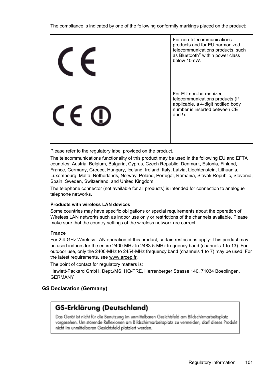 Gs declaration (germany) | HP Officejet Pro 251dw Printer series User Manual | Page 105 / 150