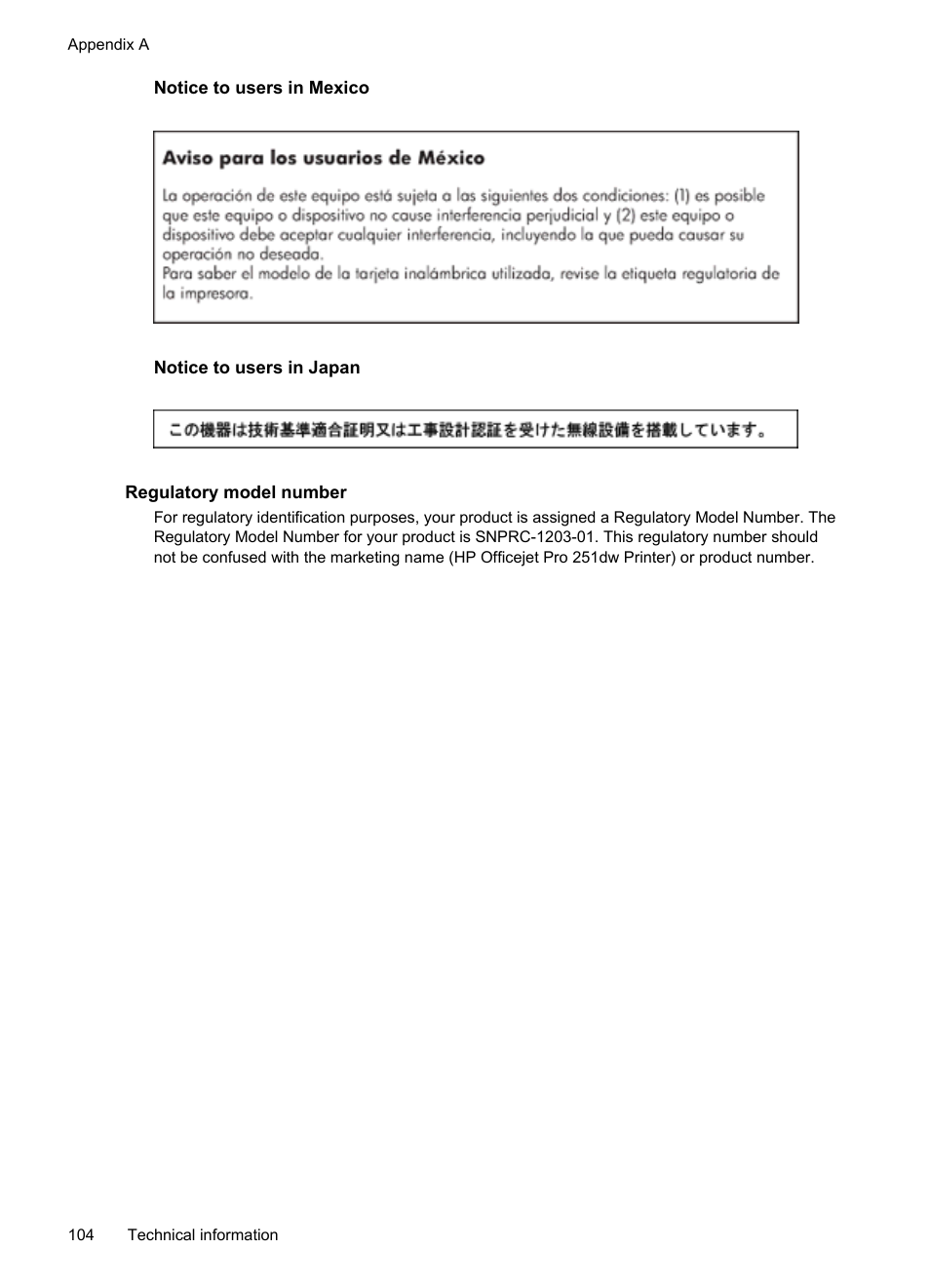 Notice to users in mexico, Notice to users in japan, Regulatory model number | HP Officejet Pro 251dw Printer series User Manual | Page 108 / 150