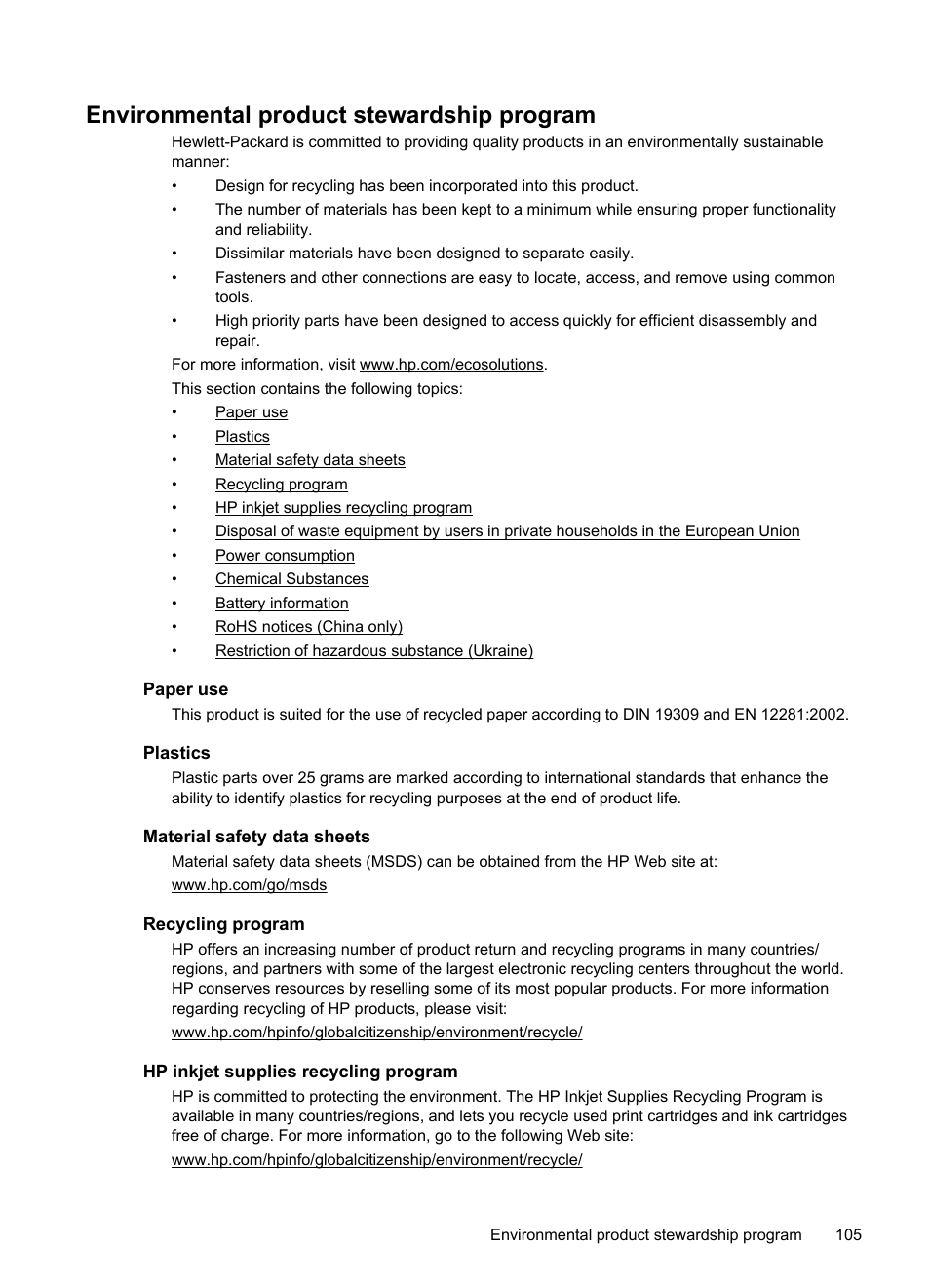 Environmental product stewardship program, Paper use, Plastics | Material safety data sheets, Recycling program, Hp inkjet supplies recycling program | HP Officejet Pro 251dw Printer series User Manual | Page 109 / 150