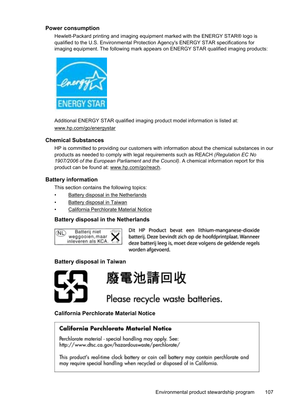 Power consumption, Chemical substances, Battery information | Battery disposal in the netherlands, Battery disposal in taiwan, California perchlorate material notice | HP Officejet Pro 251dw Printer series User Manual | Page 111 / 150