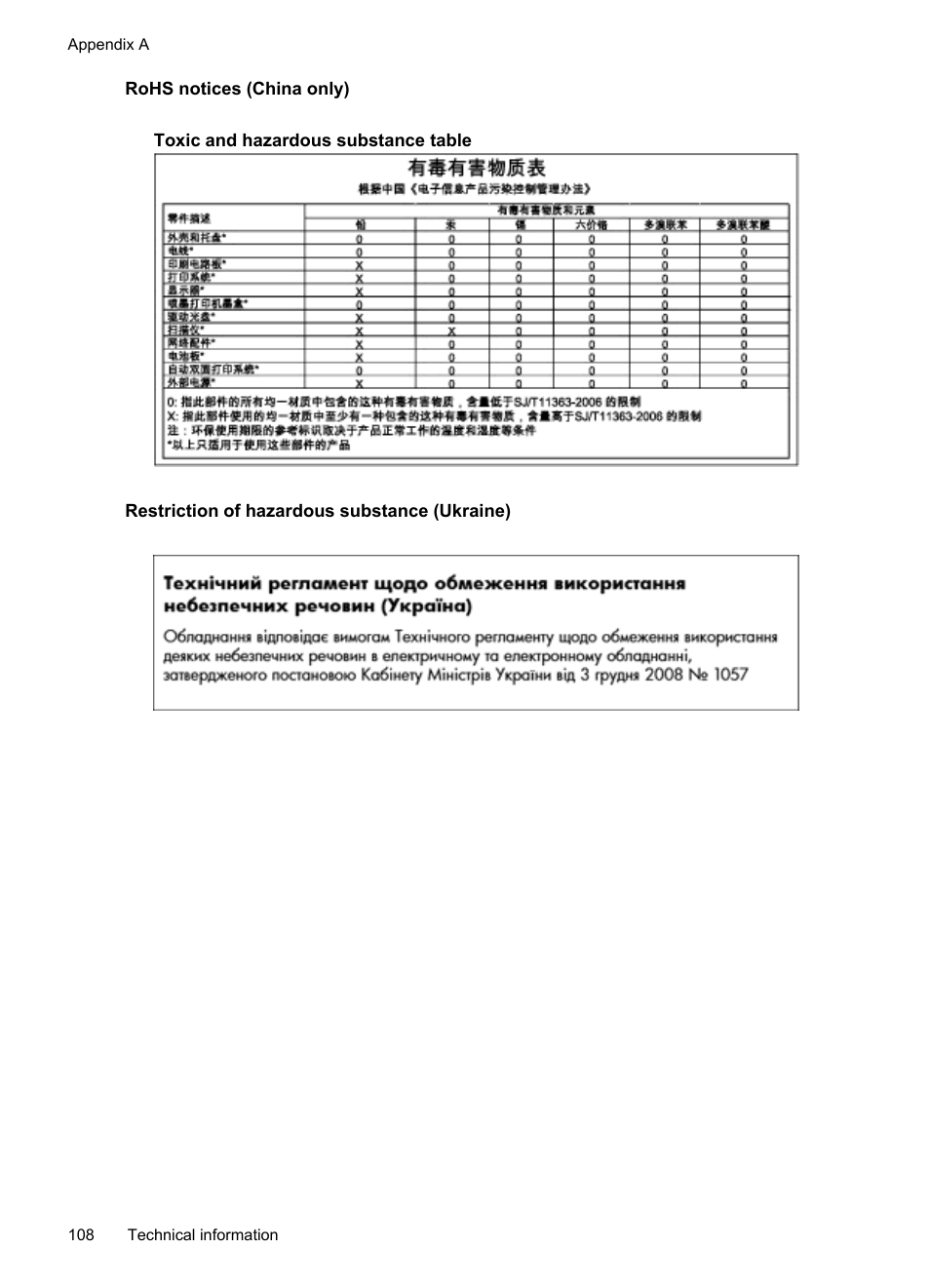 Rohs notices (china only), Restriction of hazardous substance (ukraine) | HP Officejet Pro 251dw Printer series User Manual | Page 112 / 150