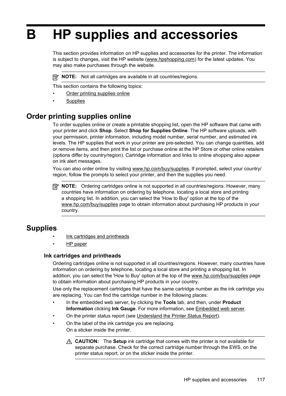 Hp supplies and accessories, Order printing supplies online, Supplies | Ink cartridges and printheads, Order printing supplies online supplies, Ink cartridges and printheads hp paper, Bhp supplies and accessories | HP Officejet Pro 251dw Printer series User Manual | Page 121 / 150