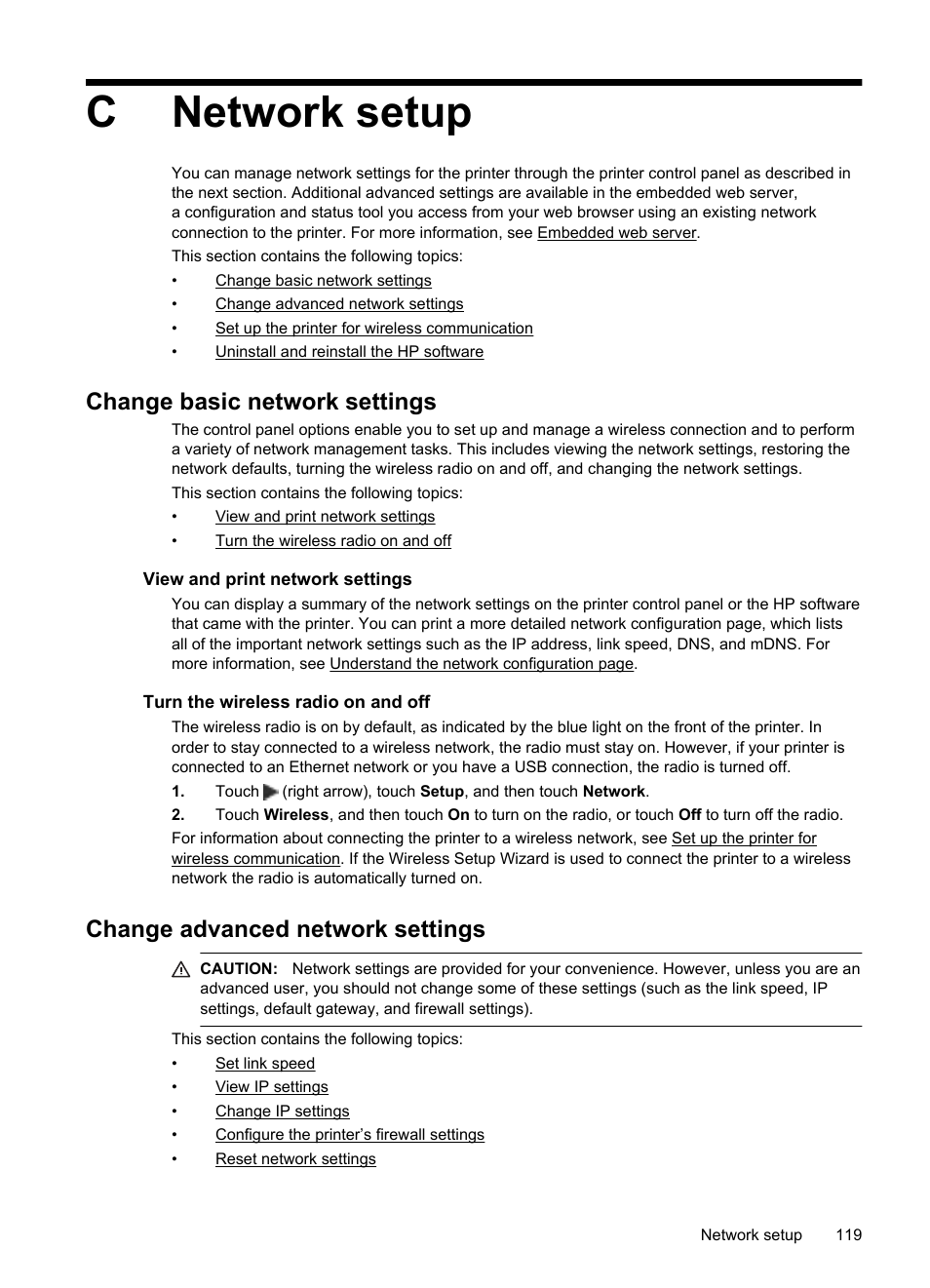 Network setup, Change basic network settings, View and print network settings | Turn the wireless radio on and off, Change advanced network settings, Creating and using firewall rules, Reset network settings, Cnetwork setup | HP Officejet Pro 251dw Printer series User Manual | Page 123 / 150