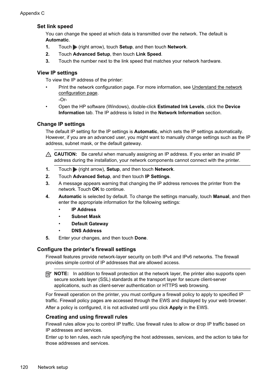 Set link speed, View ip settings, Change ip settings | Configure the printer’s firewall settings, Creating and using firewall rules | HP Officejet Pro 251dw Printer series User Manual | Page 124 / 150