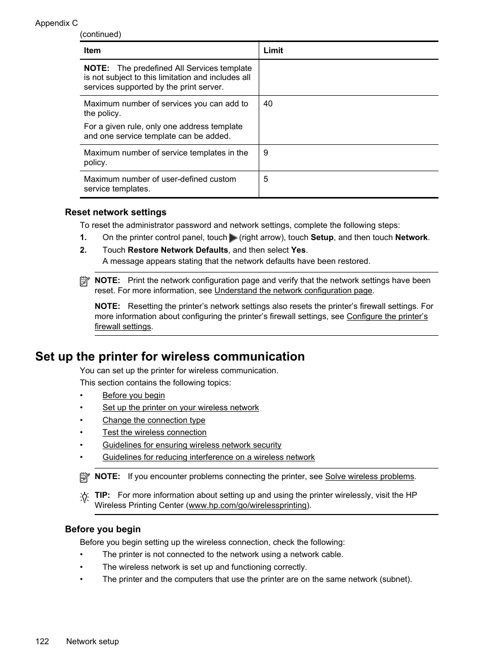 Reset network settings, Set up the printer for wireless communication, Before you begin | Change the connection type, Rmation, see reset network settings | HP Officejet Pro 251dw Printer series User Manual | Page 126 / 150