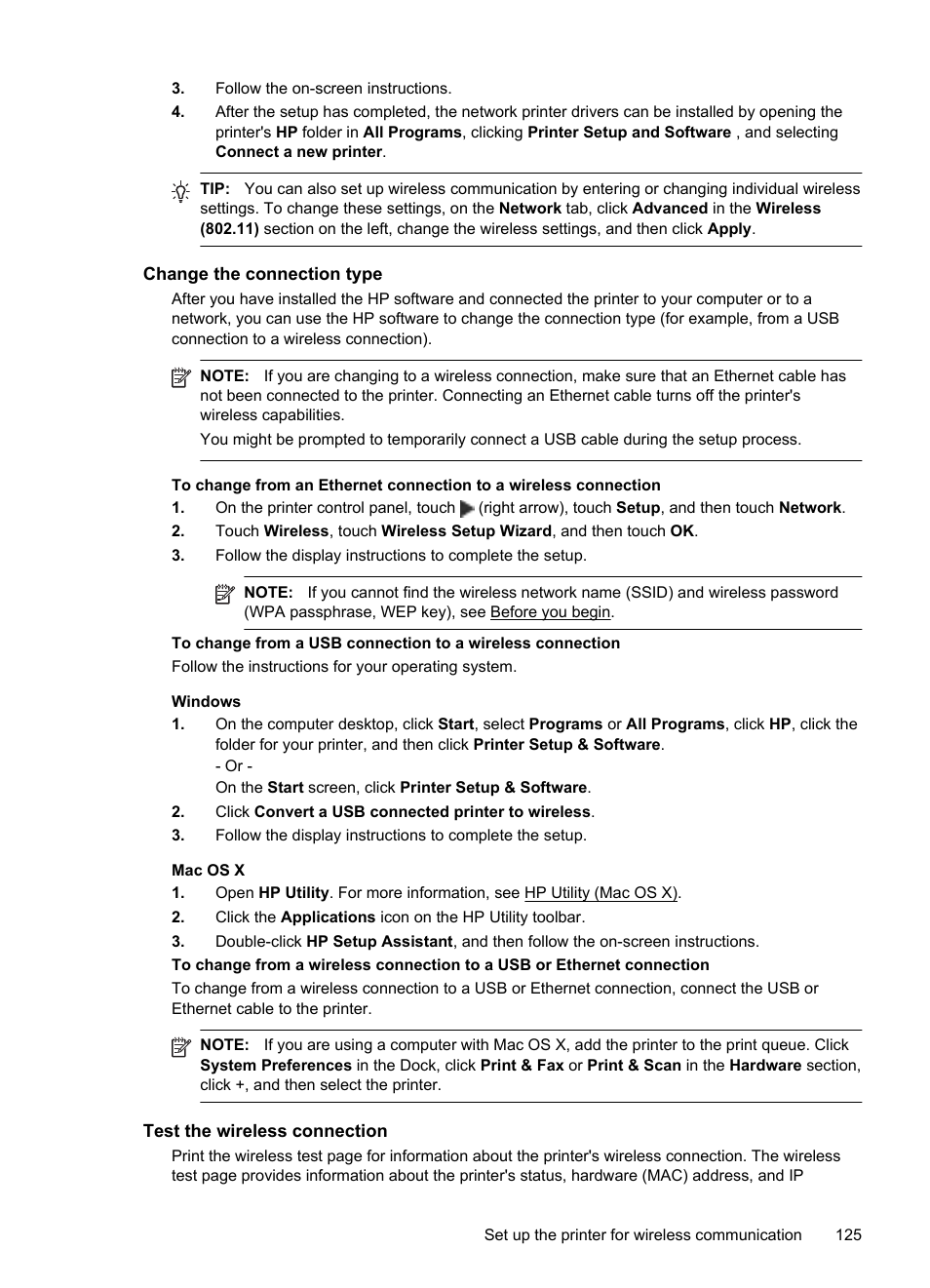 Change the connection type, Test the wireless connection | HP Officejet Pro 251dw Printer series User Manual | Page 129 / 150