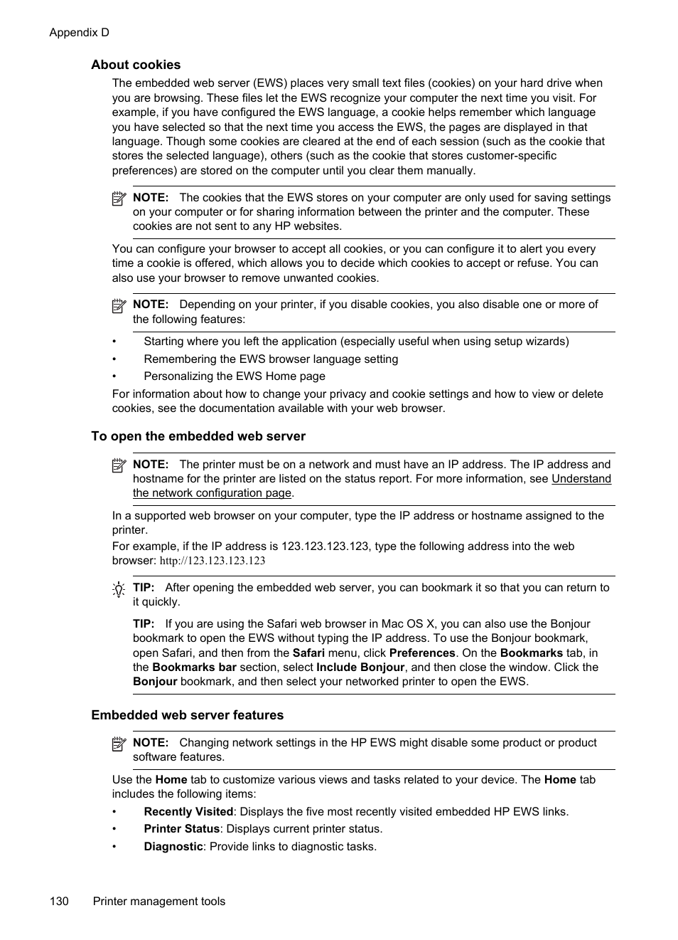 About cookies, To open the embedded web server, Embedded web server features | HP Officejet Pro 251dw Printer series User Manual | Page 134 / 150