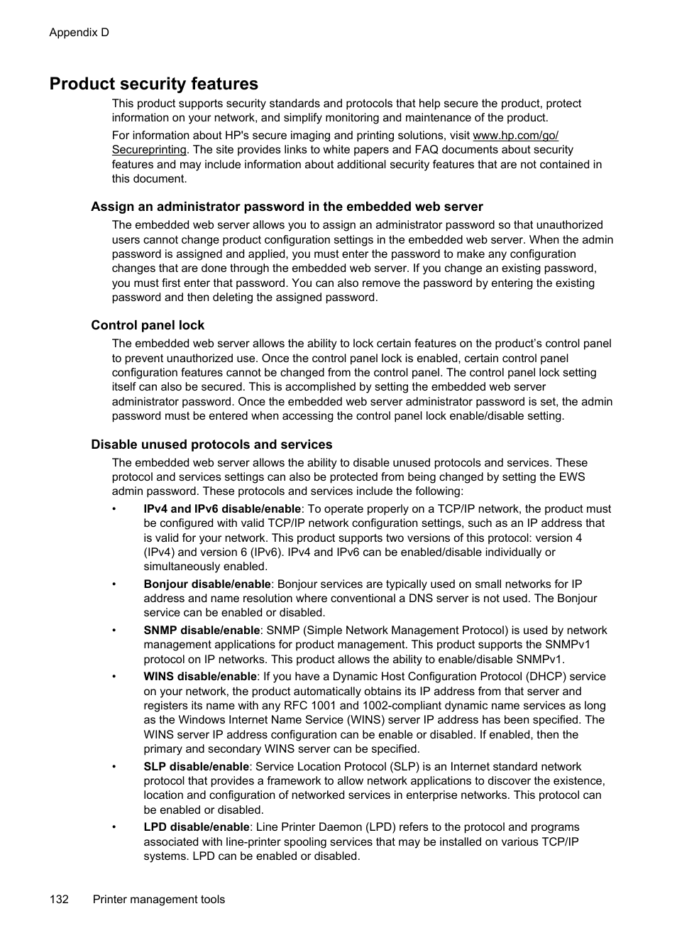 Product security features, Control panel lock, Disable unused protocols and services | HP Officejet Pro 251dw Printer series User Manual | Page 136 / 150