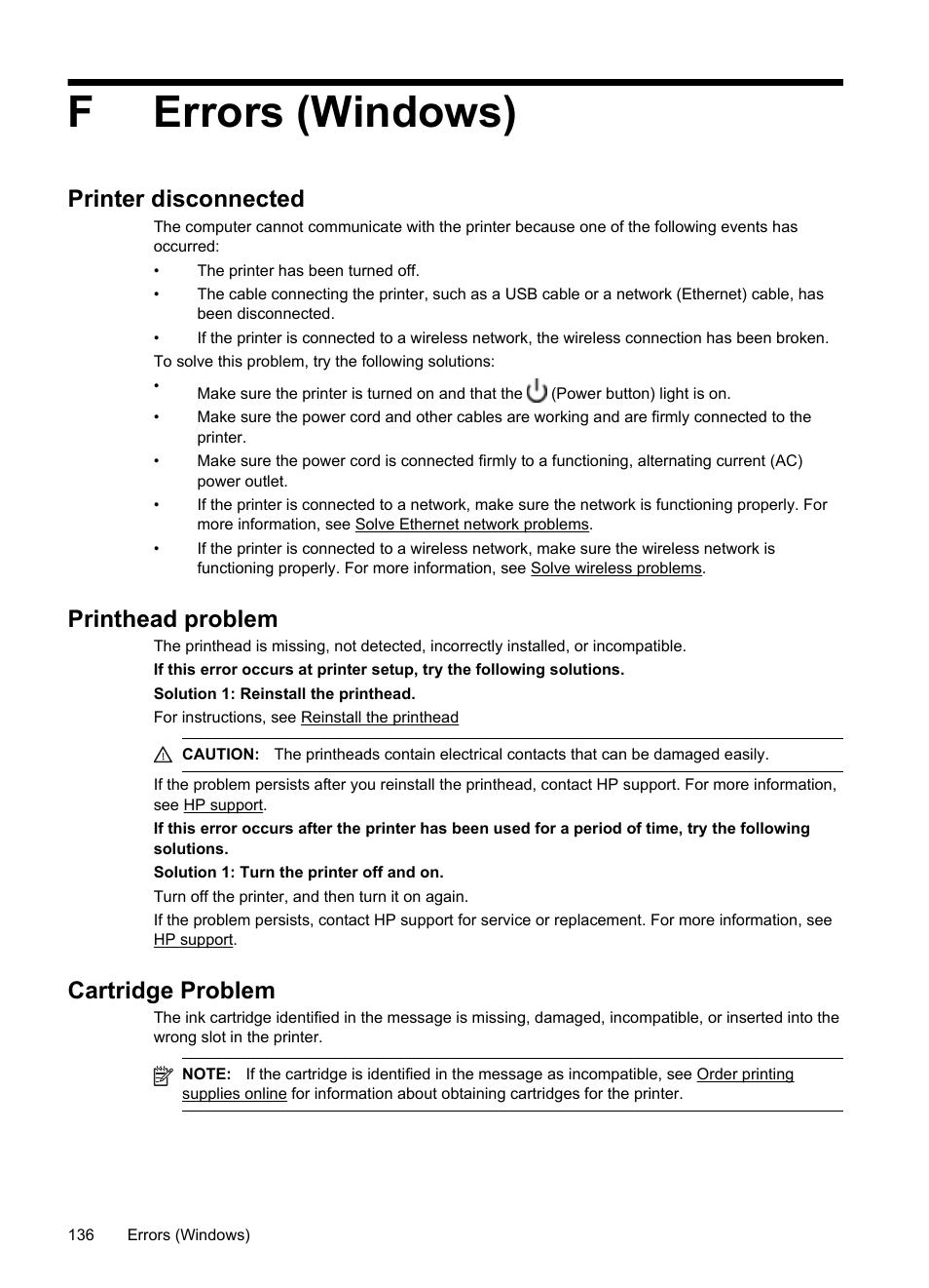 Ferrors (windows), Printer disconnected, Printhead problem | Cartridge problem | HP Officejet Pro 251dw Printer series User Manual | Page 140 / 150