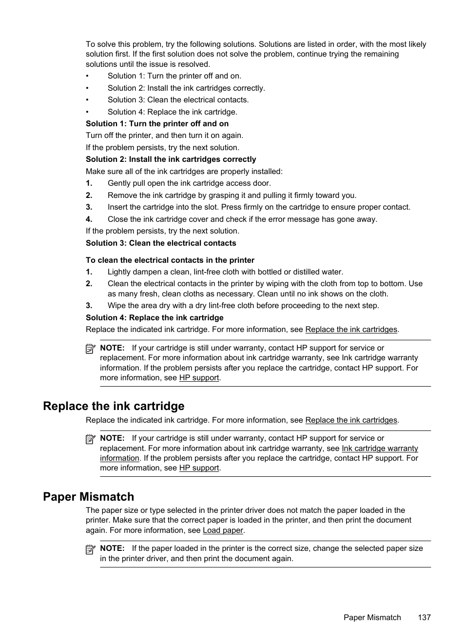 Replace the ink cartridge, Paper mismatch | HP Officejet Pro 251dw Printer series User Manual | Page 141 / 150