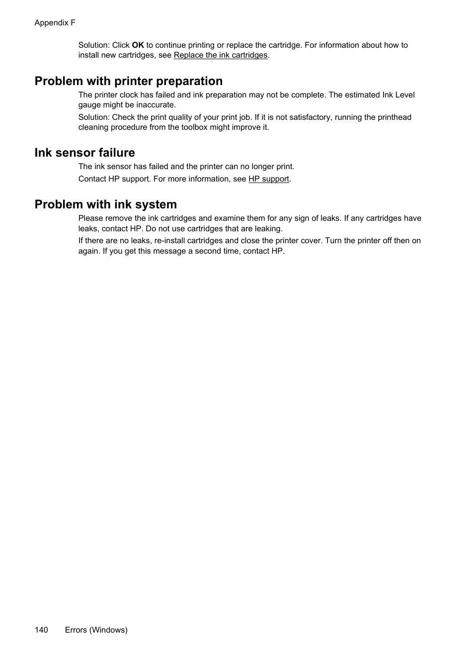 Problem with printer preparation, Ink sensor failure, Problem with ink system | HP Officejet Pro 251dw Printer series User Manual | Page 144 / 150