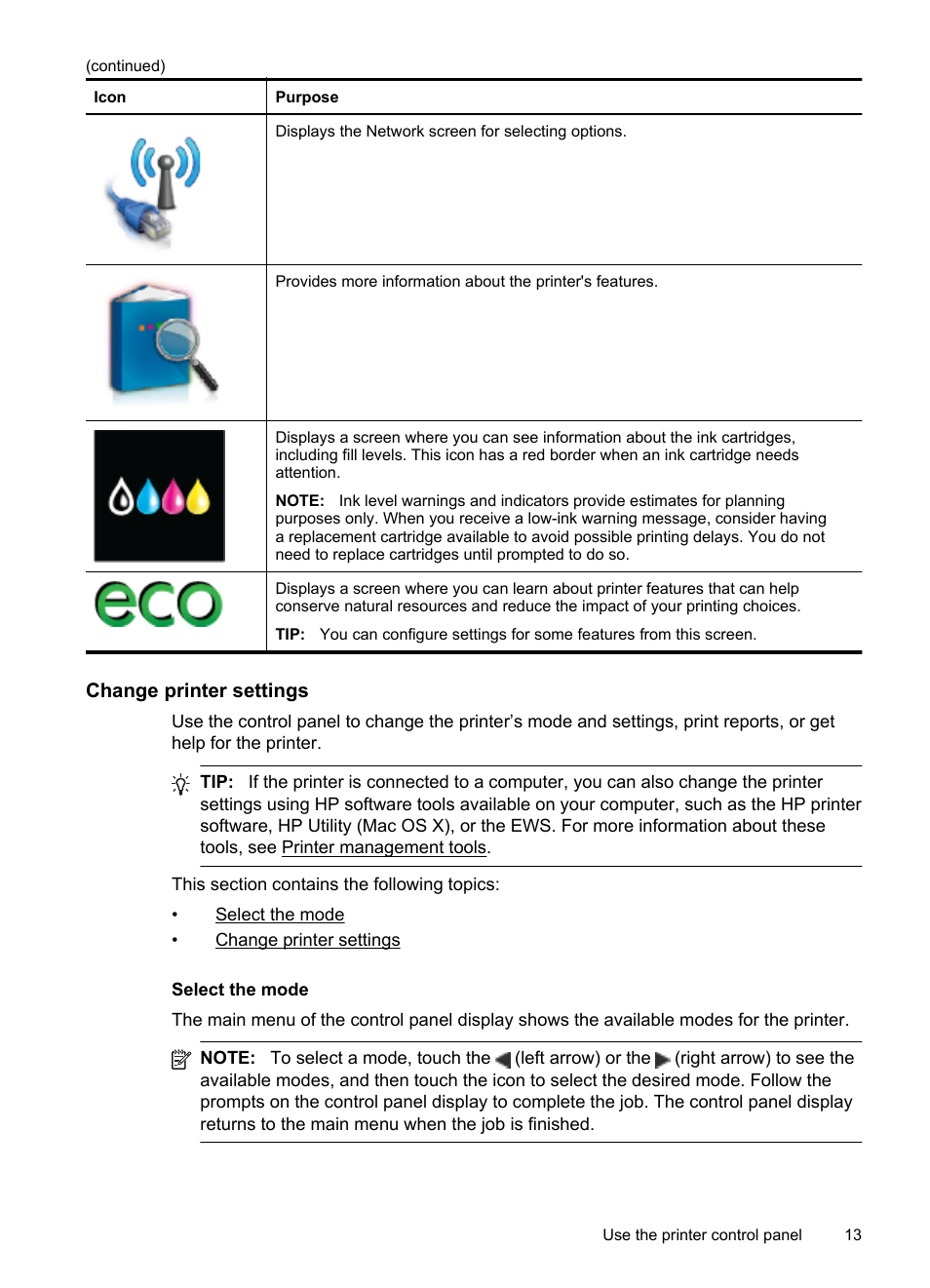 Change printer settings, Select the mode | HP Officejet Pro 251dw Printer series User Manual | Page 17 / 150